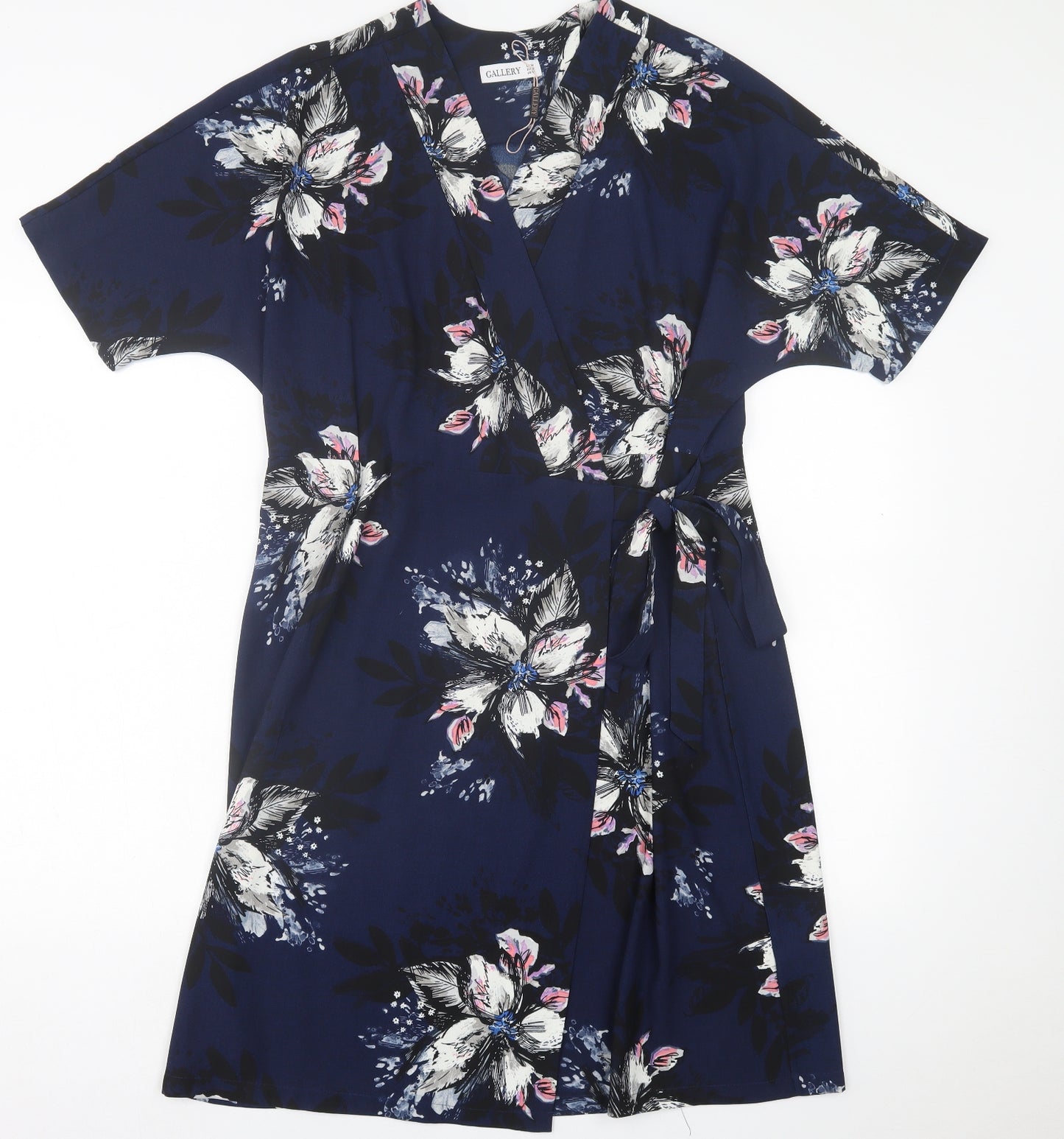 Gallery Womens Blue Floral Polyester Wrap Dress  Size 14  V-Neck Pullover