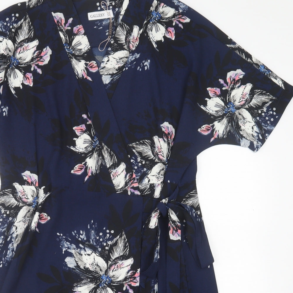 Gallery Womens Blue Floral Polyester Wrap Dress  Size 14  V-Neck Pullover
