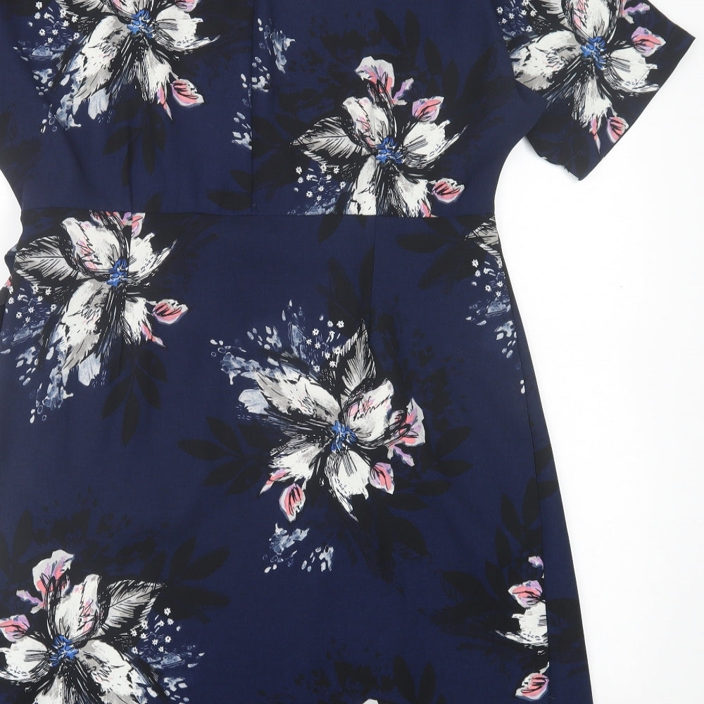 Gallery Womens Blue Floral Polyester Wrap Dress  Size 14  V-Neck Pullover