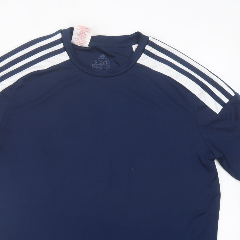 adidas Boys Blue Striped Polyester Basic T-Shirt Size 15-16 Years Crew Neck Pullover
