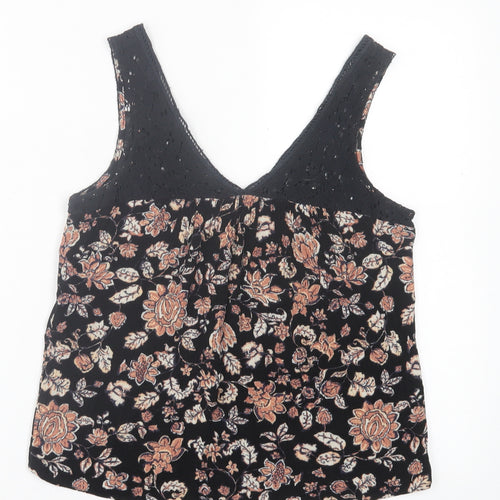 Lily White Womens Black Floral Polyester Basic Tank Size XS V-Neck