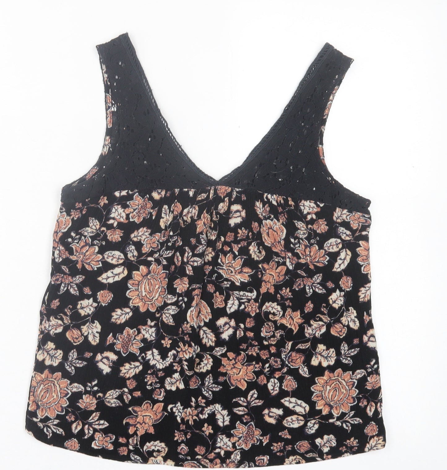 Lily White Womens Black Floral Polyester Basic Tank Size XS V-Neck