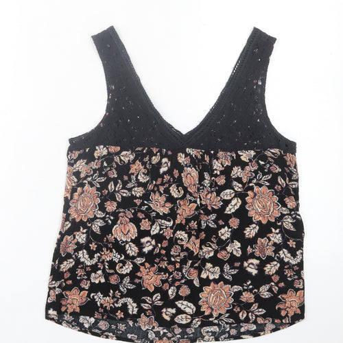 Lily White Womens Black Floral Polyester Basic Tank Size XS V-Neck