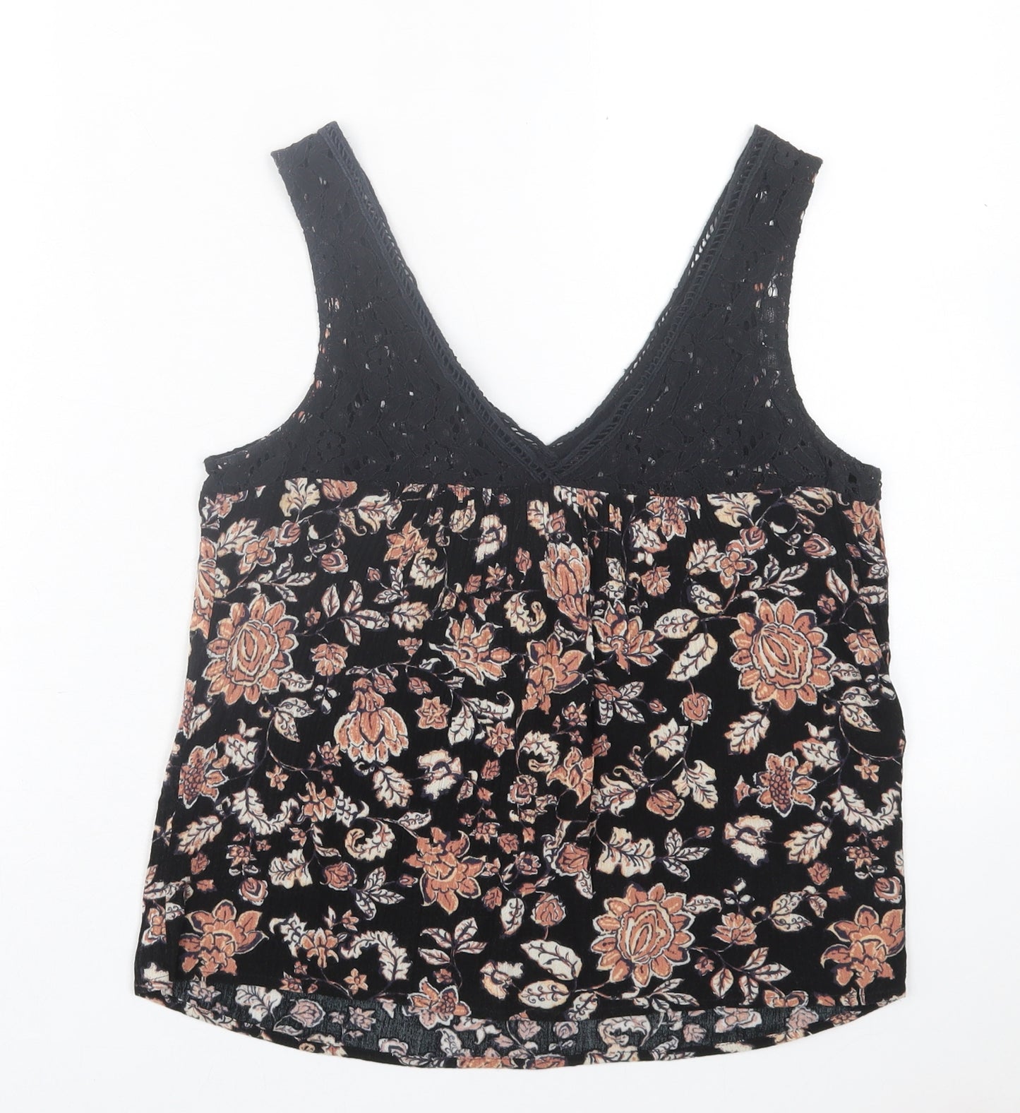 Lily White Womens Black Floral Polyester Basic Tank Size XS V-Neck