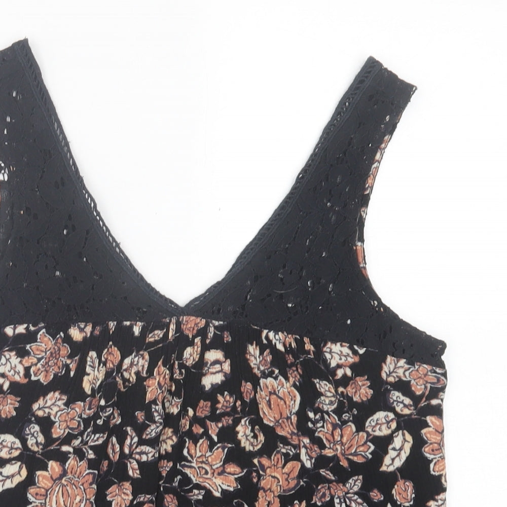 Lily White Womens Black Floral Polyester Basic Tank Size XS V-Neck