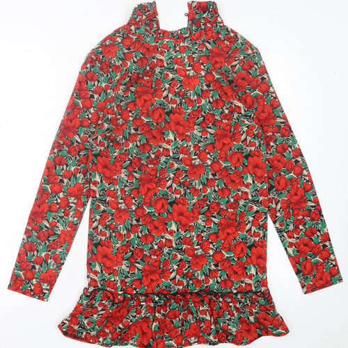 Missguided Womens Red Floral Polyester A-Line  Size 8  High Neck Button