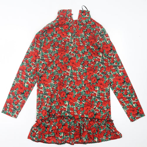 Missguided Womens Red Floral Polyester A-Line  Size 8  High Neck Button