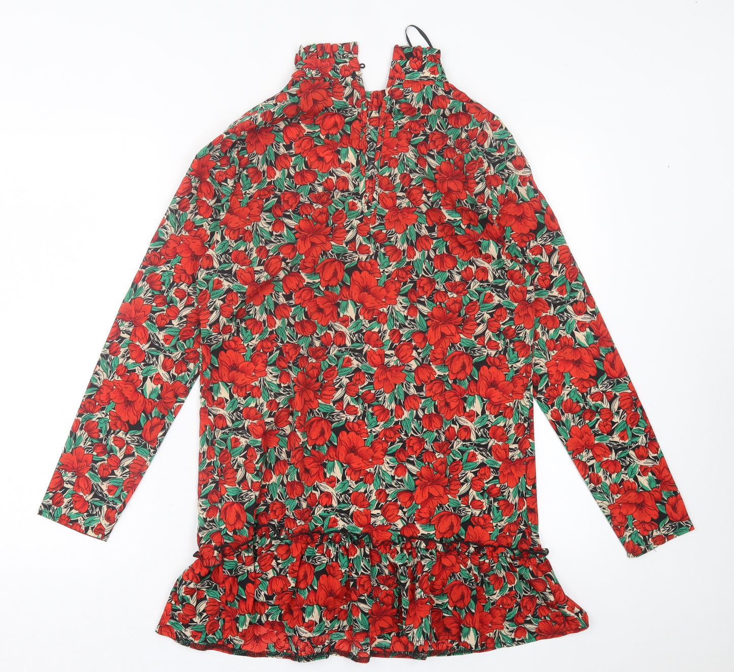Missguided Womens Red Floral Polyester A-Line  Size 8  High Neck Button