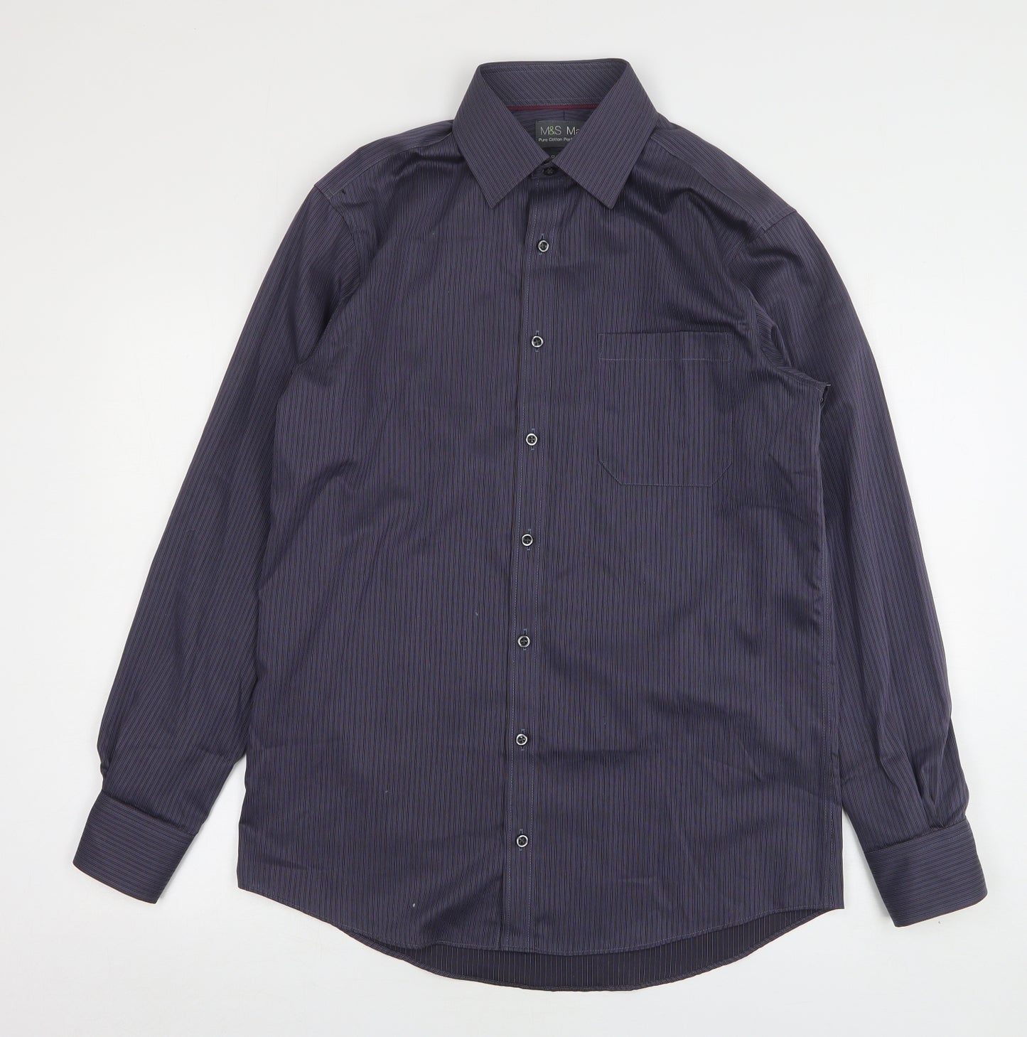 Marks and Spencer Mens Grey Striped Cotton  Dress Shirt Size 15 Collared