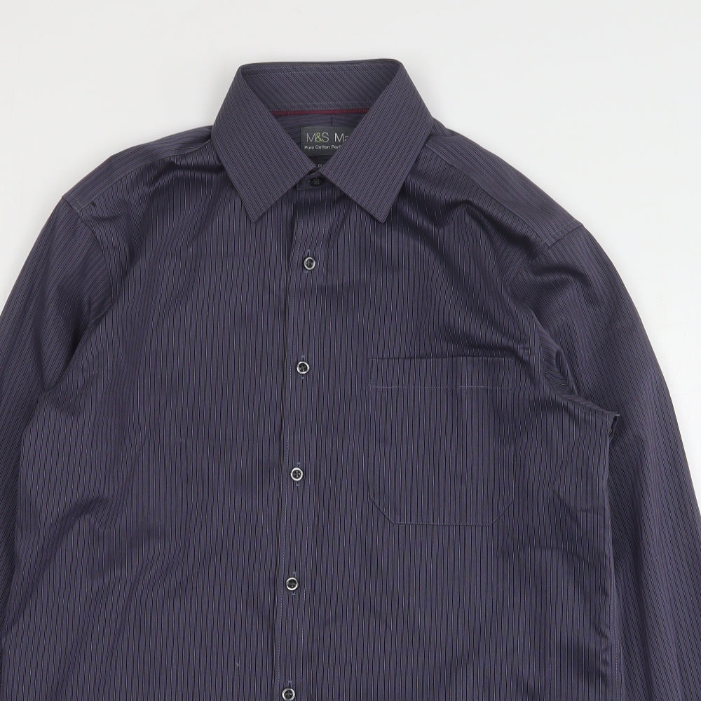 Marks and Spencer Mens Grey Striped Cotton  Dress Shirt Size 15 Collared