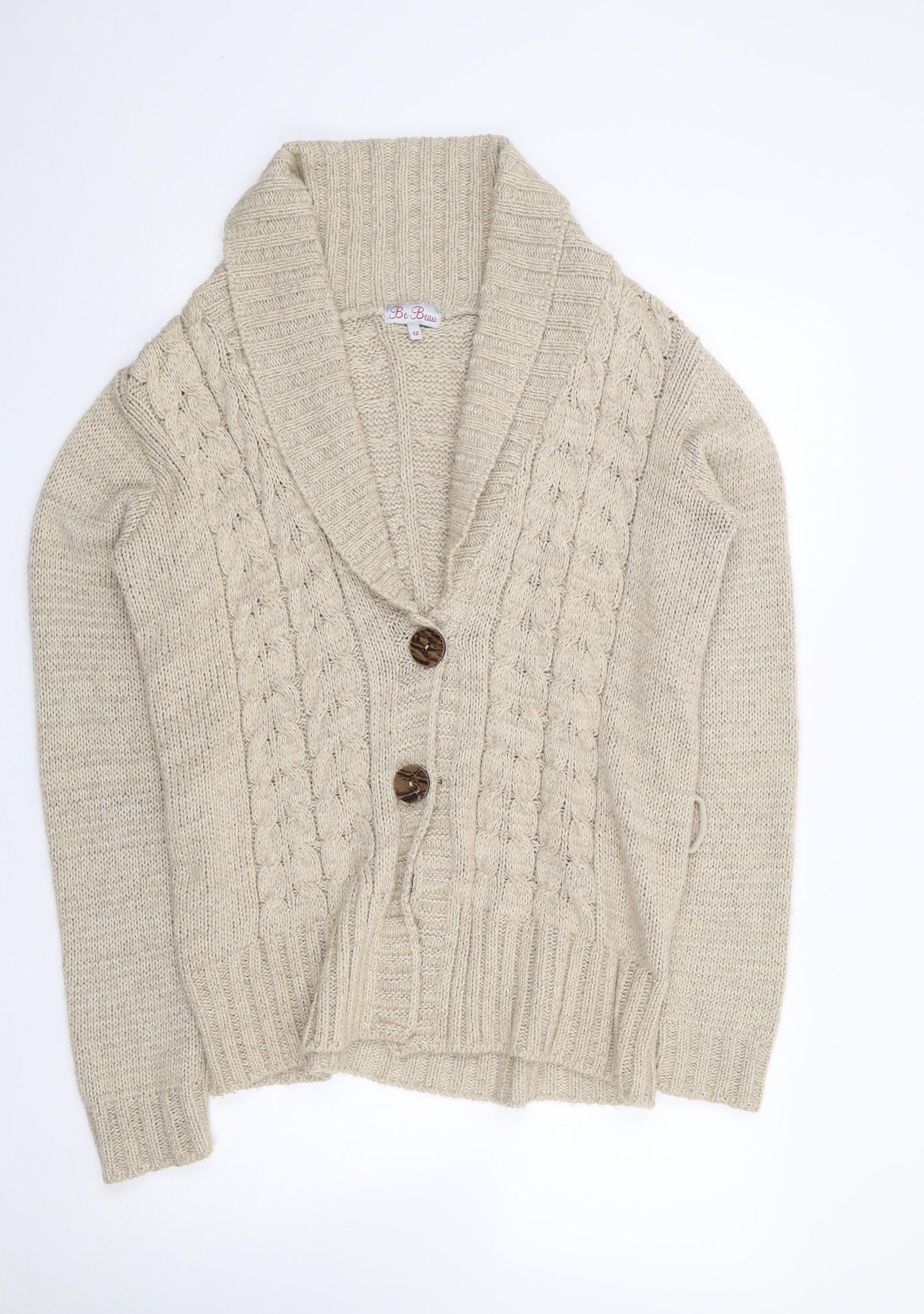 Be Beau Womens Beige V-Neck  Acrylic Cardigan Jumper Size 12