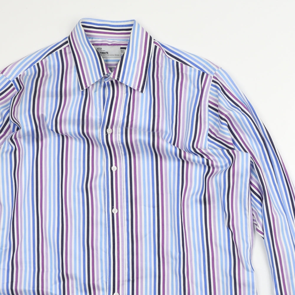 Marks and Spencer Mens White Striped Cotton  Dress Shirt Size L Collared