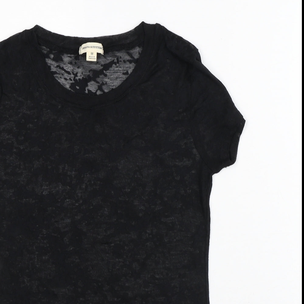 Zenana Outfitters Womens Black Geometric Cotton Basic T-Shirt Size M Round Neck - Sheer