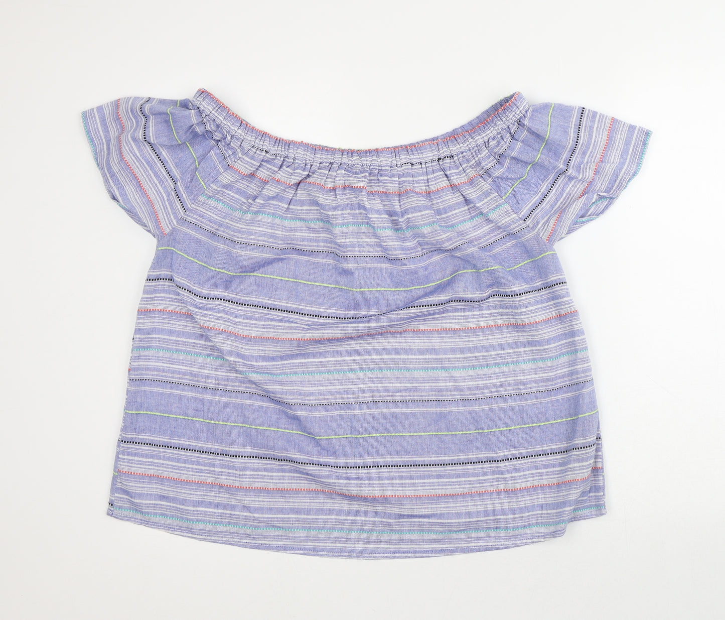 Debenhams Womens Purple Striped 100% Cotton Basic Blouse Size 16 Off the Shoulder
