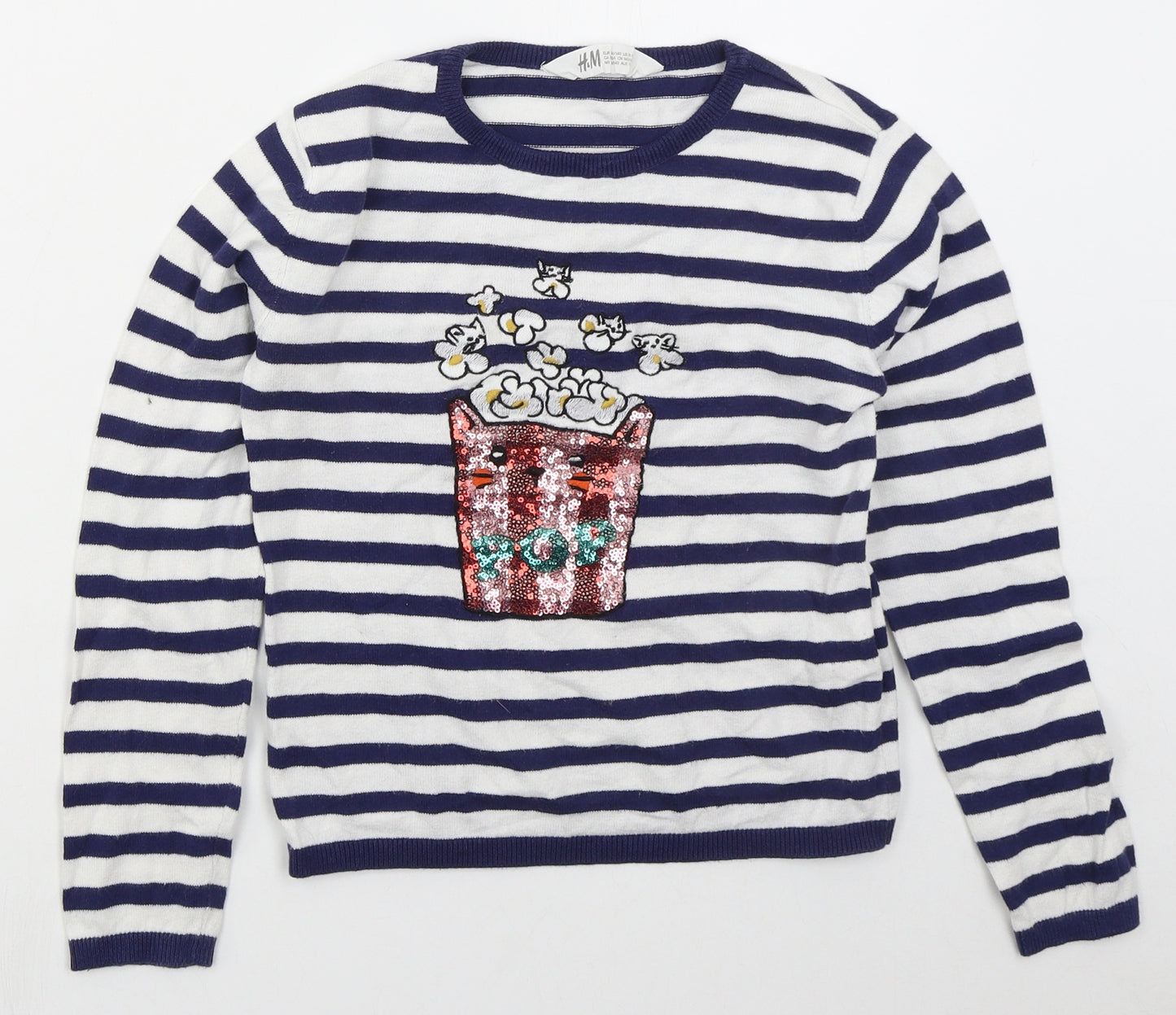 H&M Girls Blue Crew Neck Striped Cotton Pullover Jumper Size 9-10 Years  Pullover - Popcorn
