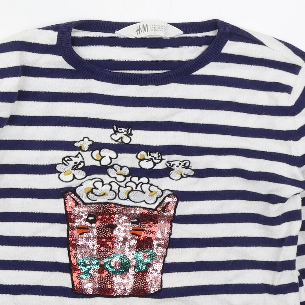H&M Girls Blue Crew Neck Striped Cotton Pullover Jumper Size 9-10 Years  Pullover - Popcorn