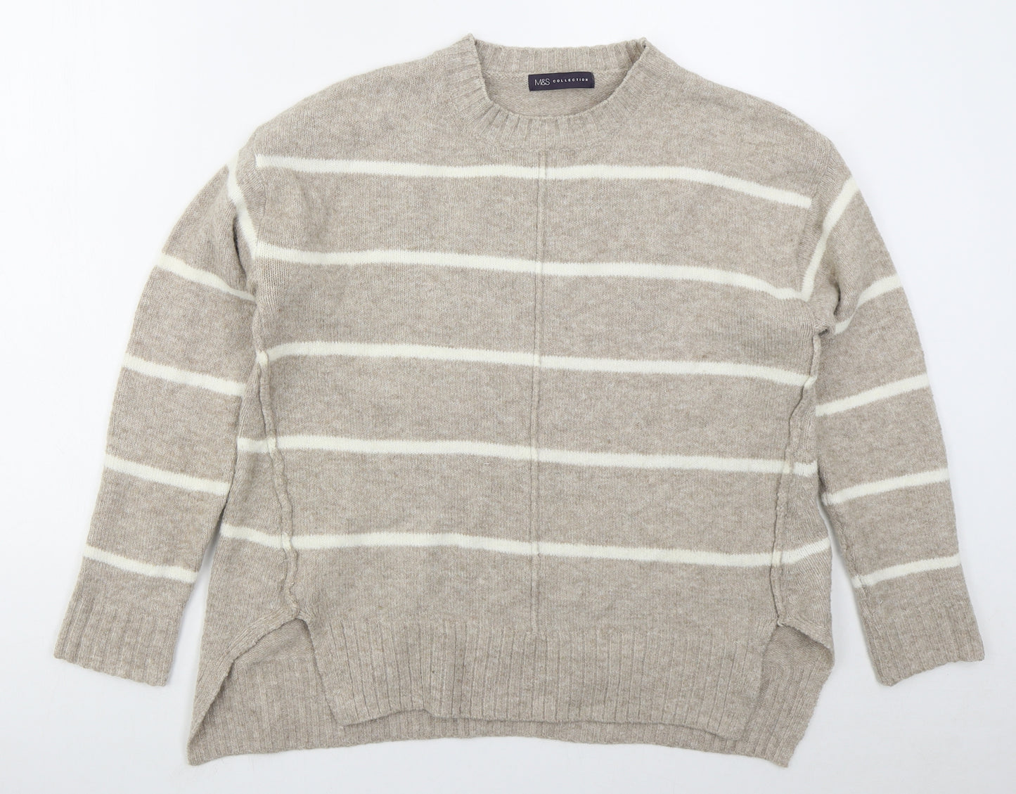 Marks and Spencer Womens Beige Crew Neck Striped Acrylic Pullover Jumper Size M