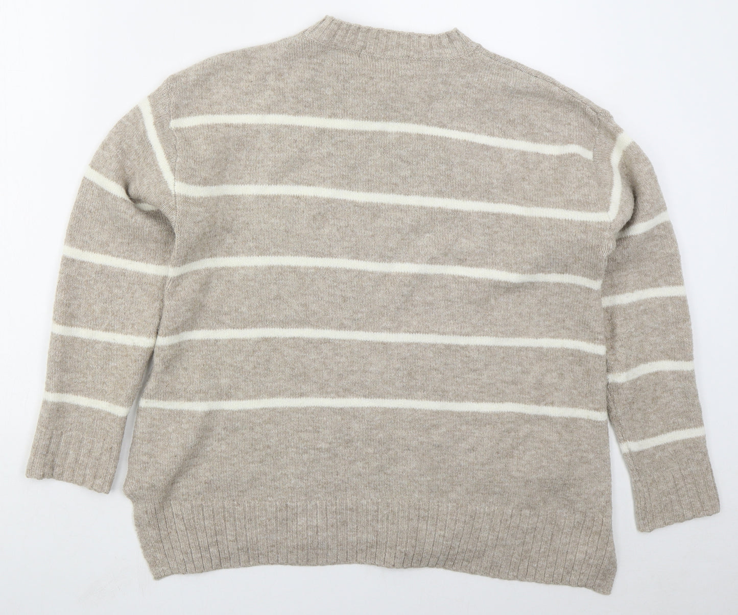Marks and Spencer Womens Beige Crew Neck Striped Acrylic Pullover Jumper Size M