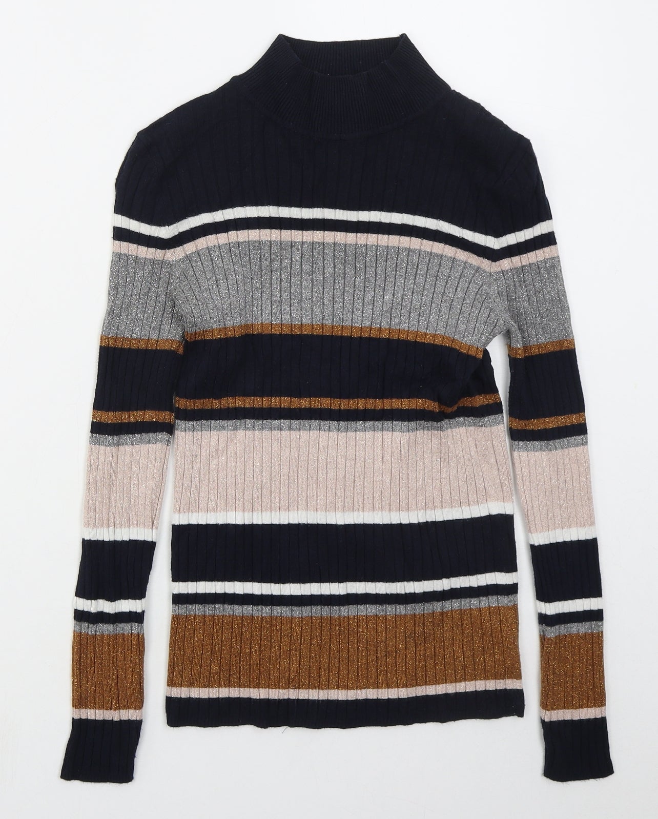 TU Womens Blue Mock Neck Striped Viscose Pullover Jumper Size 10