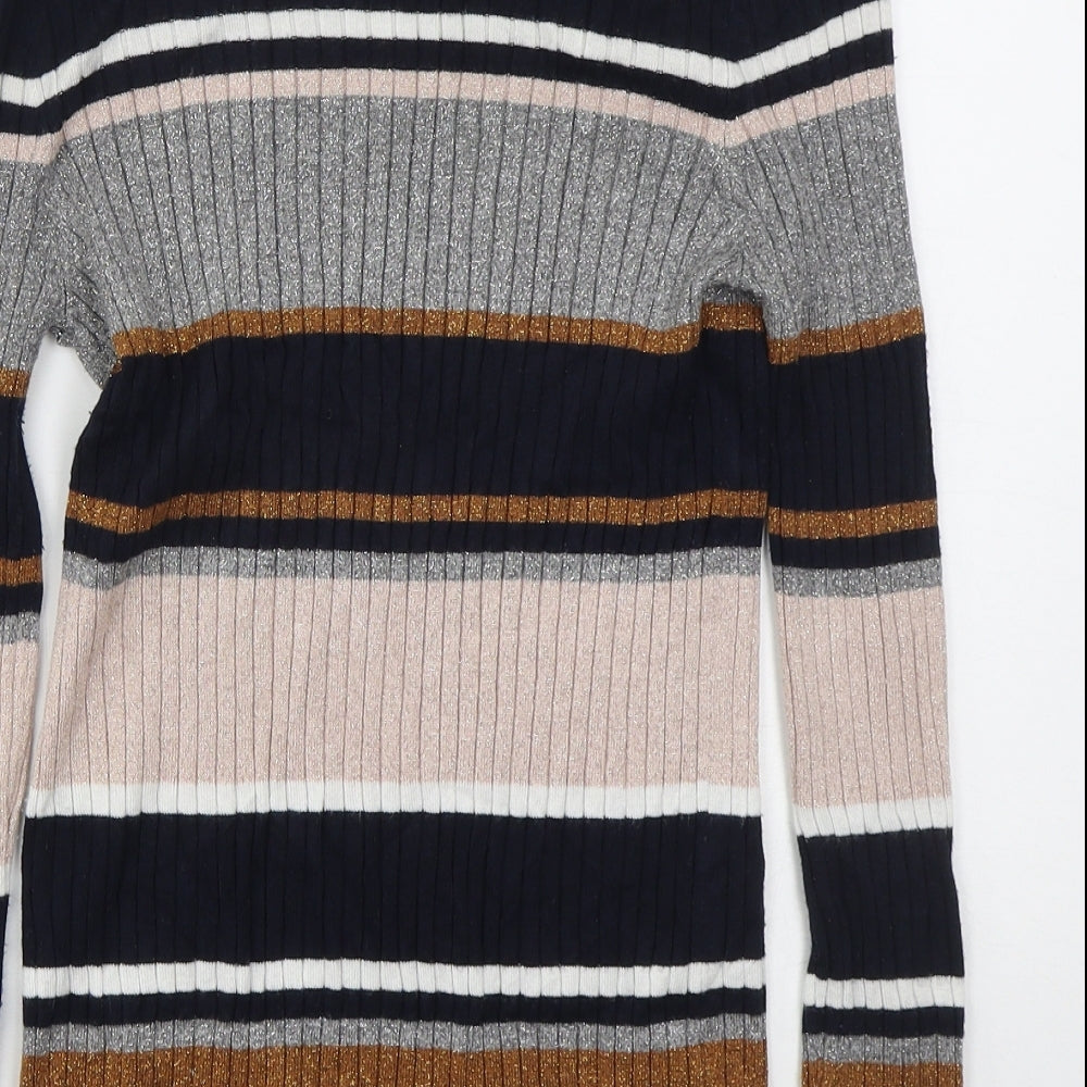 TU Womens Blue Mock Neck Striped Viscose Pullover Jumper Size 10