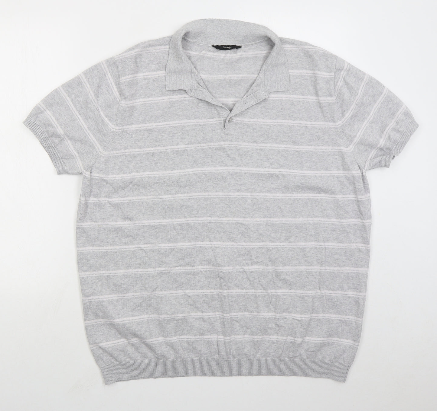 George Mens Grey Striped Cotton  Polo Size 2XL Collared Pullover