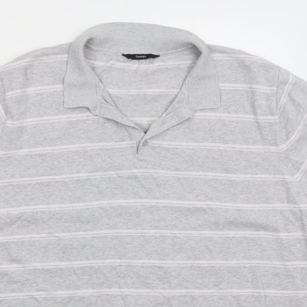 George Mens Grey Striped Cotton  Polo Size 2XL Collared Pullover