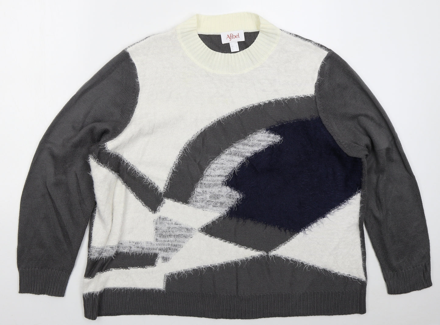 Afibel Womens Grey Crew Neck Geometric Acrylic Pullover Jumper Size 24