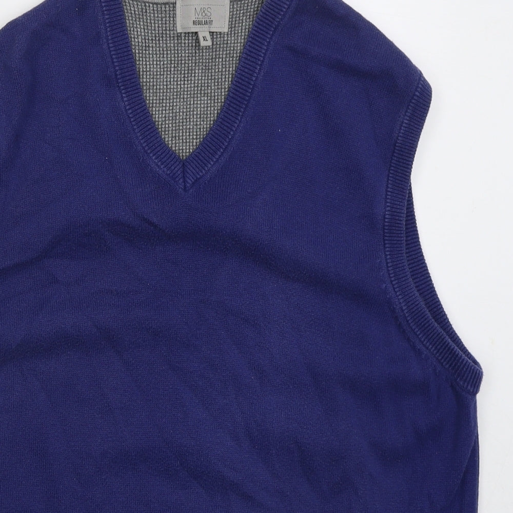 Marks and Spencer Mens Blue V-Neck  Cotton Vest Jumper Size XL