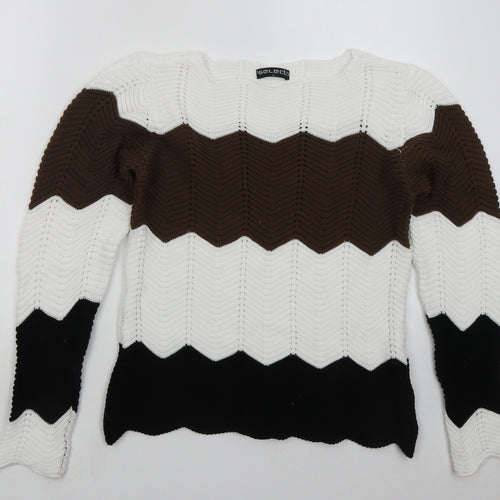 Select Womens Brown Boat Neck Striped Cotton Pullover Jumper Size L