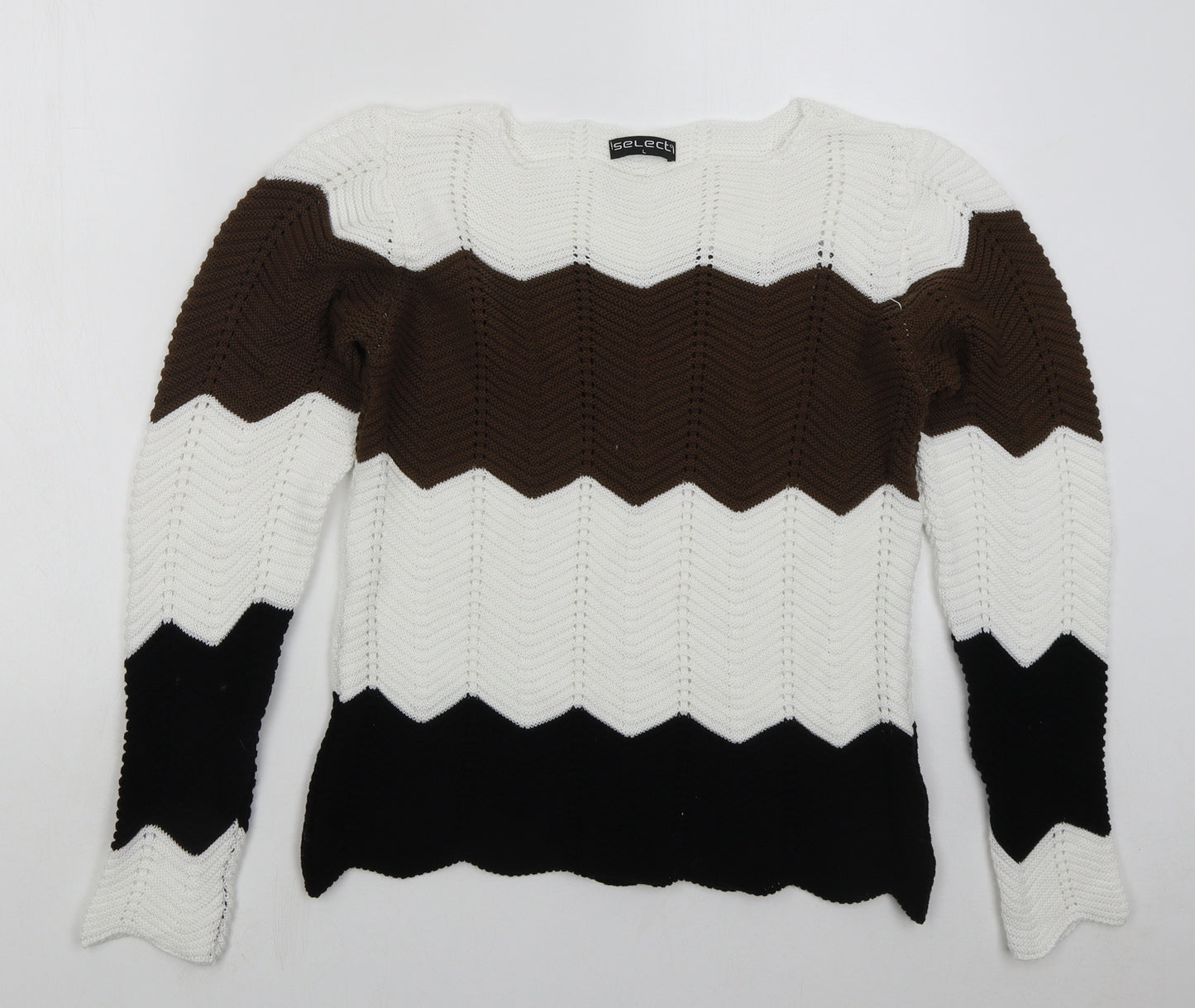 Select Womens Brown Boat Neck Striped Cotton Pullover Jumper Size L