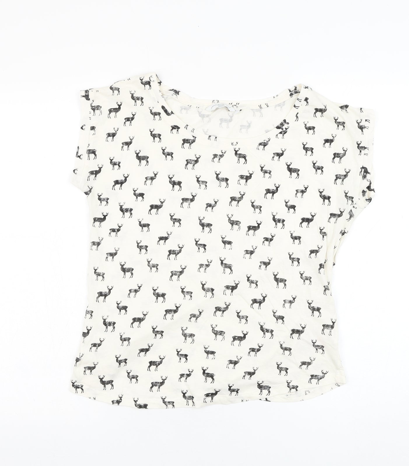 New Look Womens White  Cotton Basic T-Shirt Size 12 Round Neck - Deer