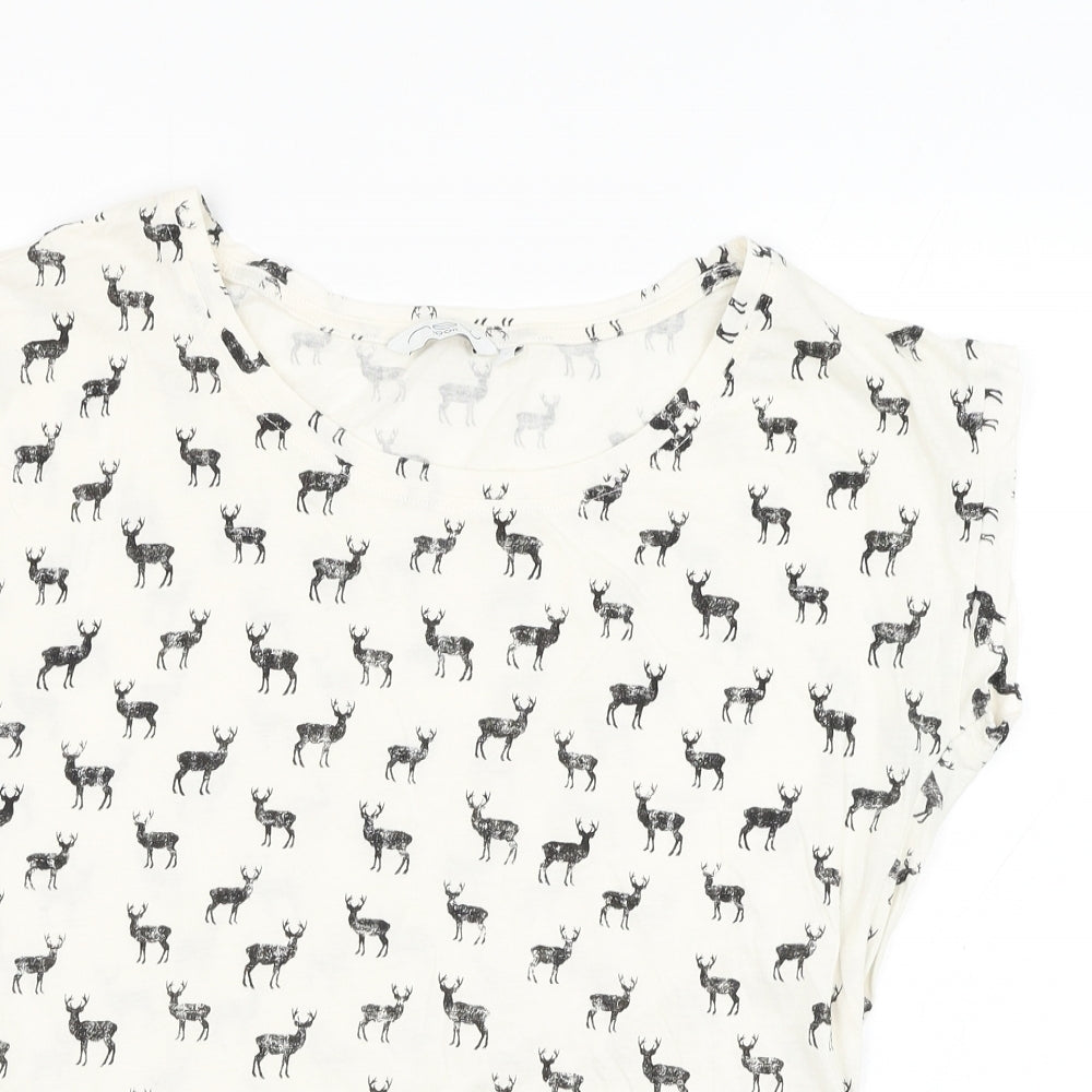New Look Womens White  Cotton Basic T-Shirt Size 12 Round Neck - Deer
