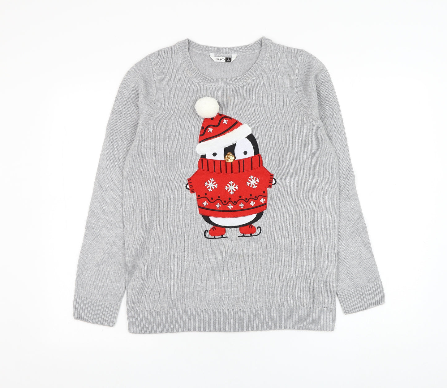 Pep&co Womens Grey Round Neck  Acrylic Pullover Jumper Size 12   - Christmas, Penguin
