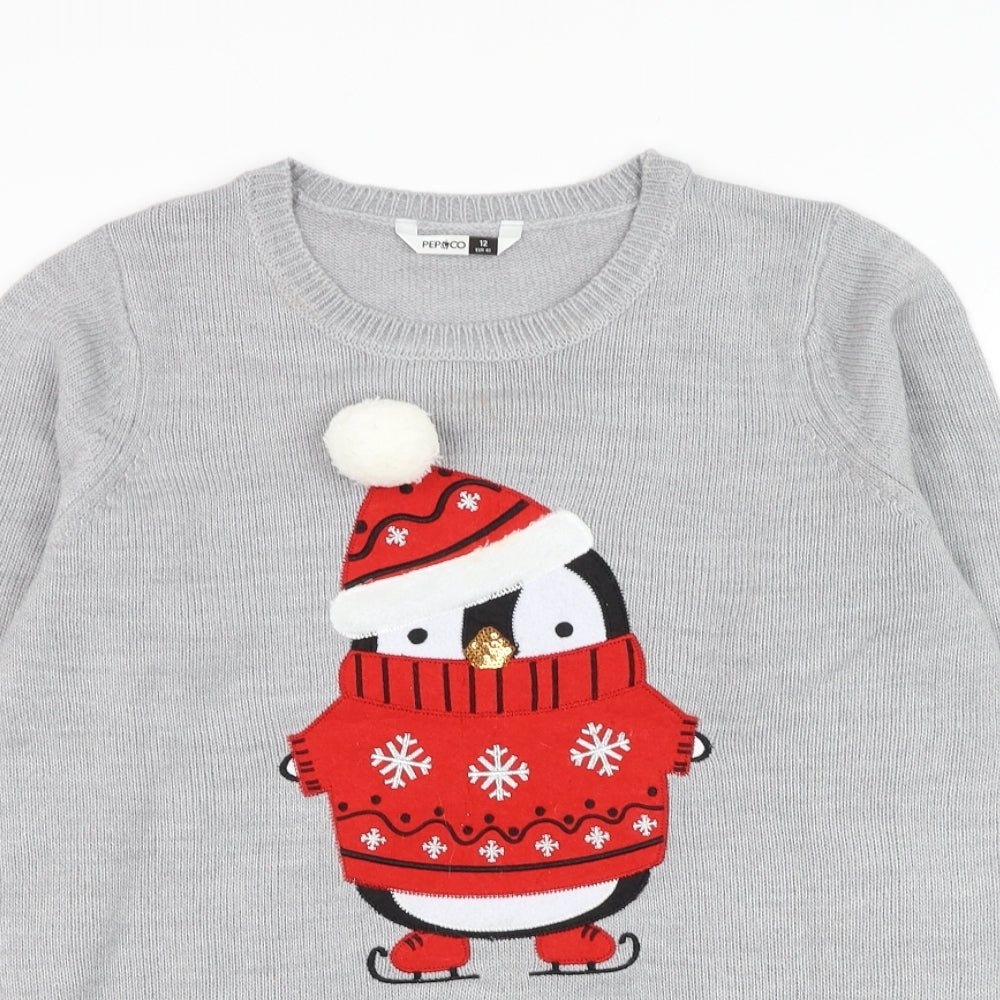 Pep&co Womens Grey Round Neck  Acrylic Pullover Jumper Size 12   - Christmas, Penguin