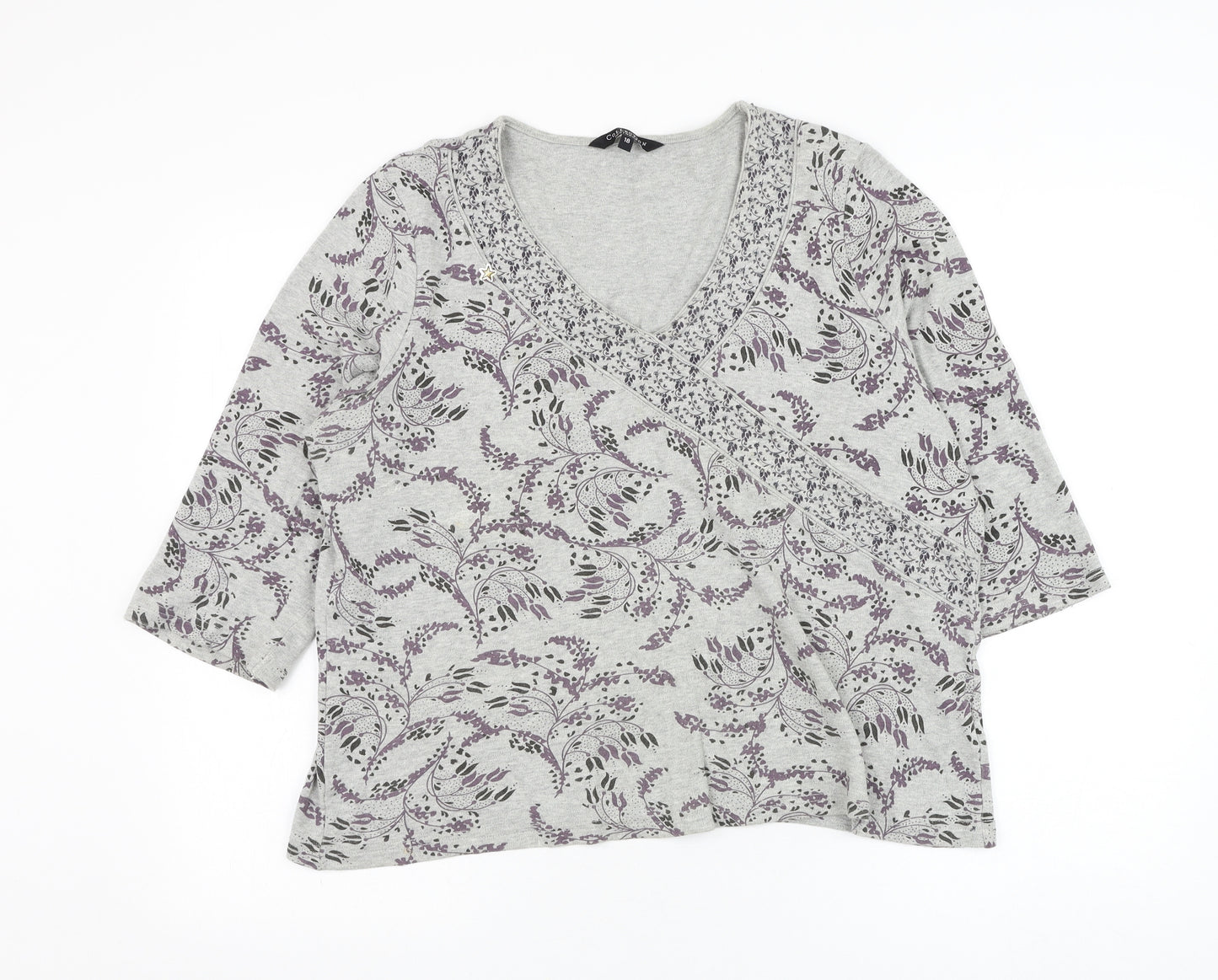 Debenhams Womens Grey Floral Cotton Basic Blouse Size 18 V-Neck