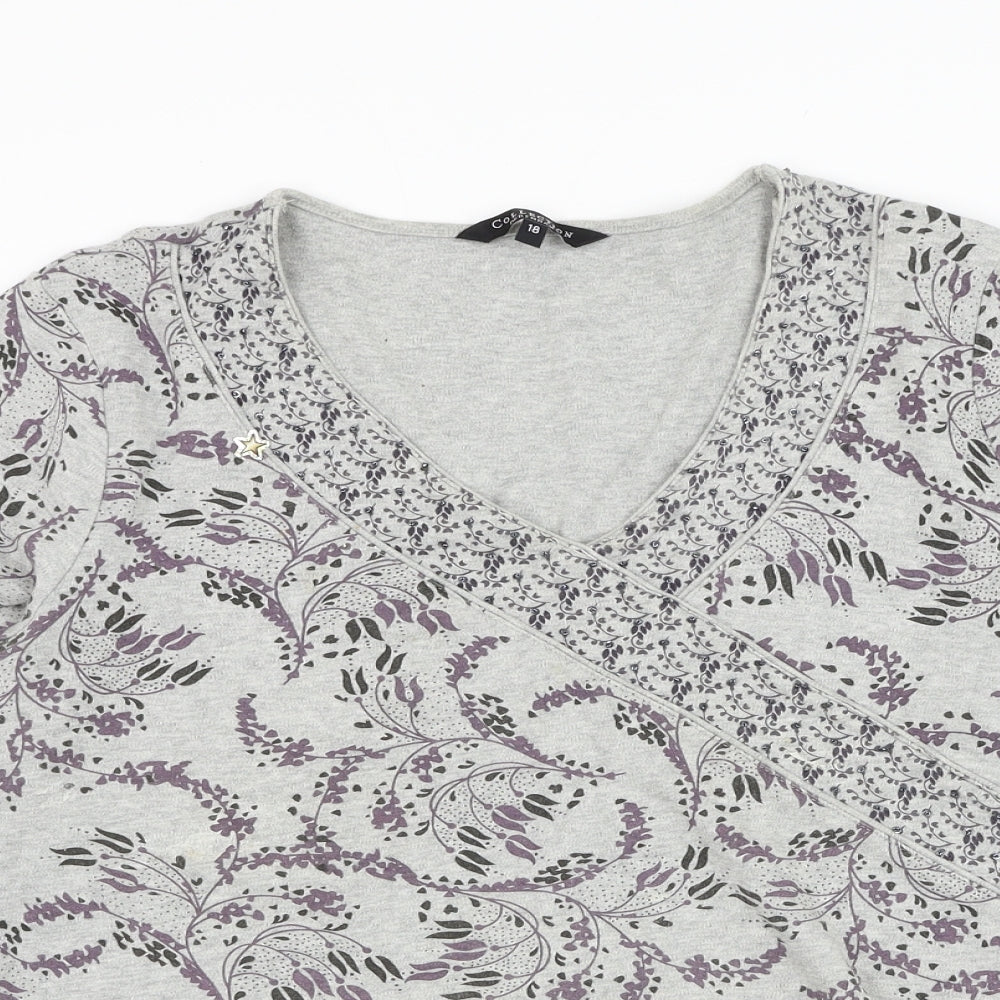 Debenhams Womens Grey Floral Cotton Basic Blouse Size 18 V-Neck