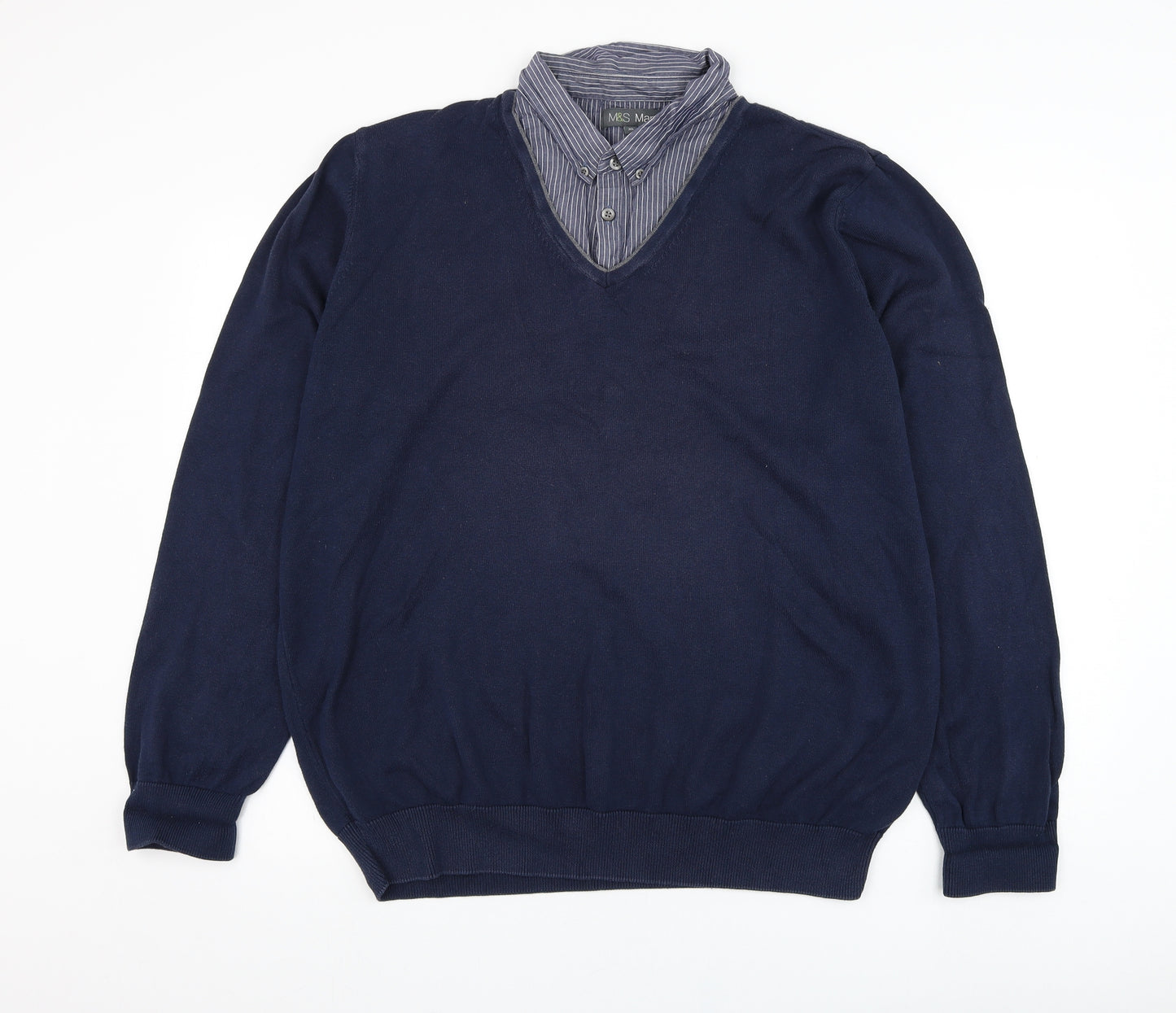 Marks and Spencer Mens Blue Collared  Cotton Pullover Jumper Size XL