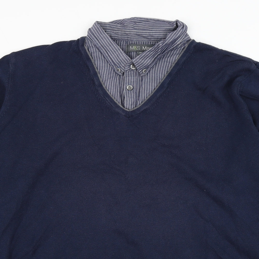 Marks and Spencer Mens Blue Collared  Cotton Pullover Jumper Size XL