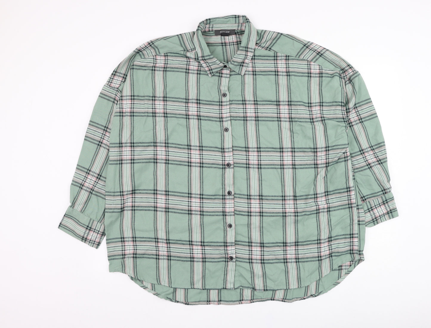 Primark Womens Green Plaid Polyester Basic Button-Up Size 16 Collared