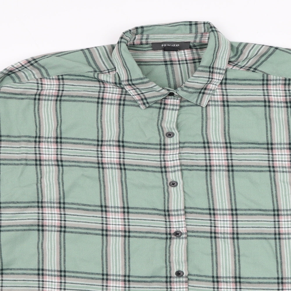 Primark Womens Green Plaid Polyester Basic Button-Up Size 16 Collared