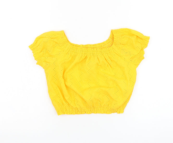 H&M Womens Yellow Cotton Cropped Blouse Size 8 Round Neck