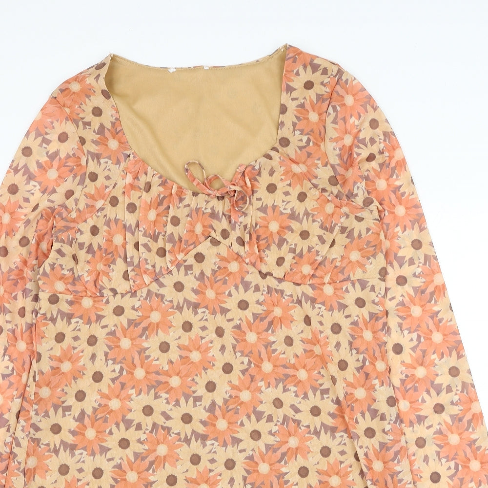 Preworn Womens Orange Floral Polyester Shift  Size XL  Scoop Neck Pullover