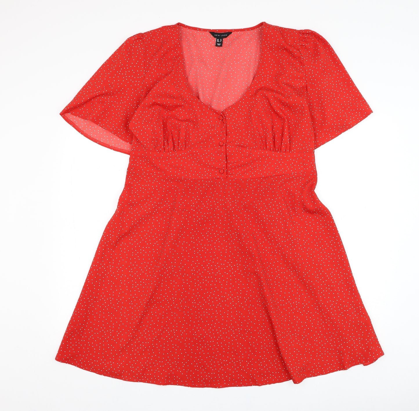 New Look Womens Red Polka Dot Polyester Skater Dress  Size 16  V-Neck Pullover