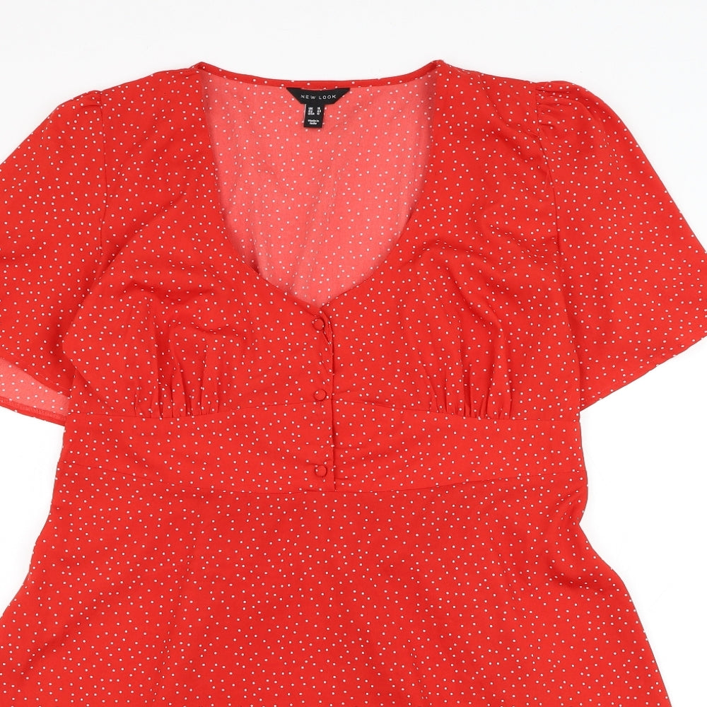 New Look Womens Red Polka Dot Polyester Skater Dress  Size 16  V-Neck Pullover