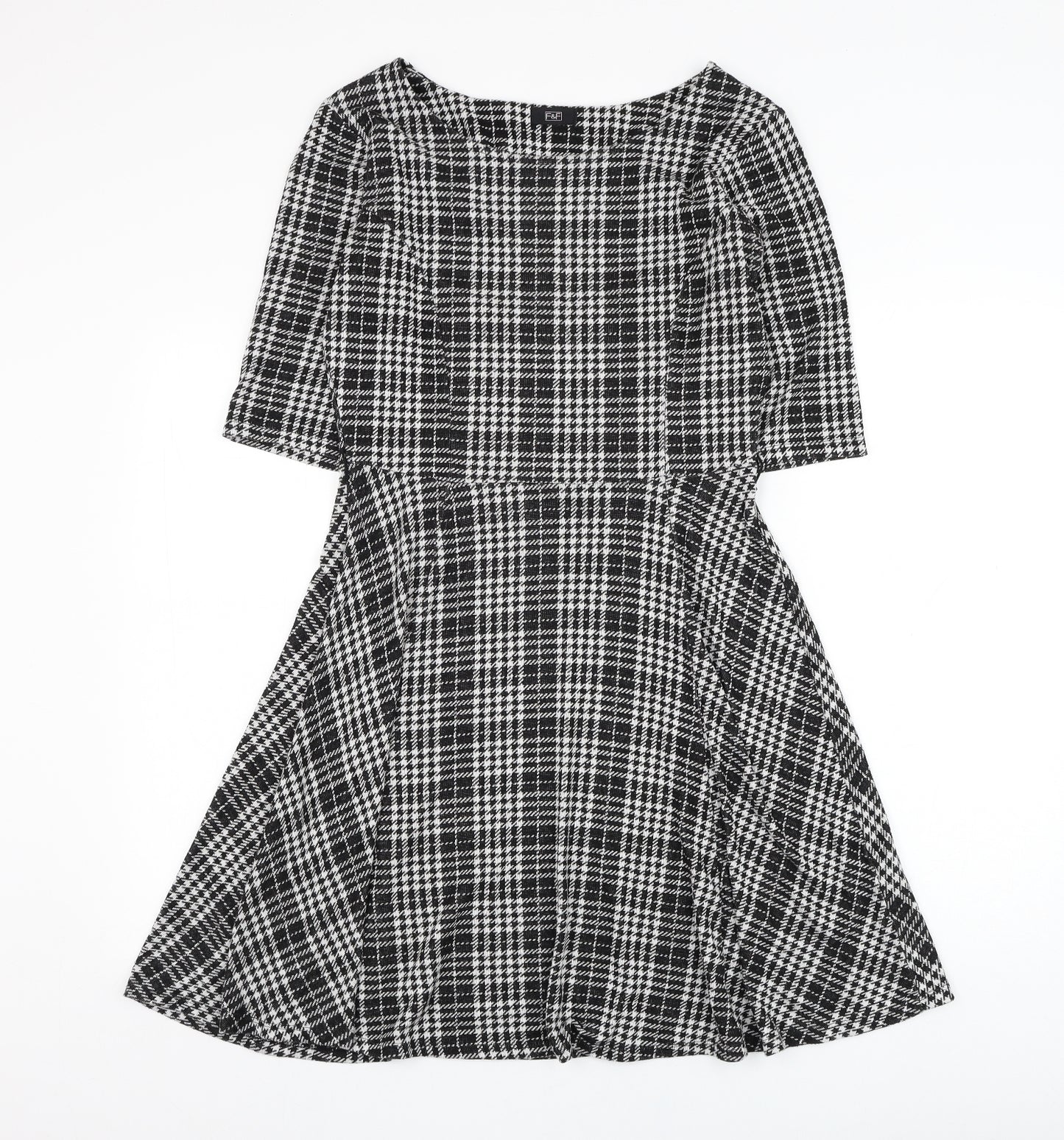 F&F Womens Black Check Viscose Skater Dress  Size 14  Round Neck Pullover