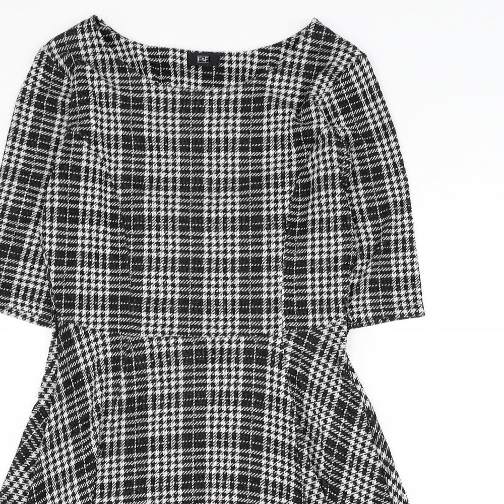 F&F Womens Black Check Viscose Skater Dress  Size 14  Round Neck Pullover