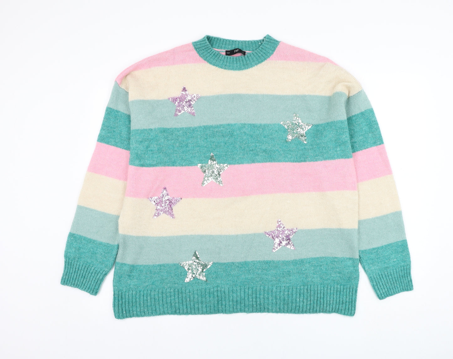 F&F Womens Green Round Neck Striped Acrylic Pullover Jumper Size L   - Star