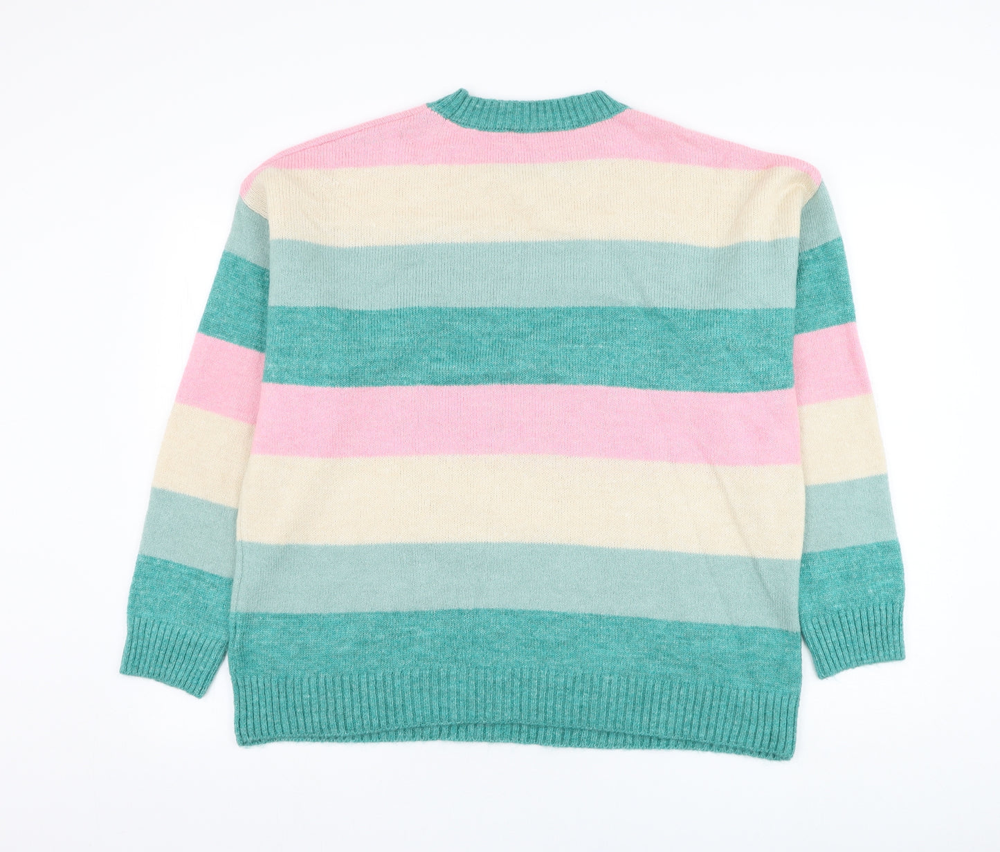 F&F Womens Green Round Neck Striped Acrylic Pullover Jumper Size L   - Star