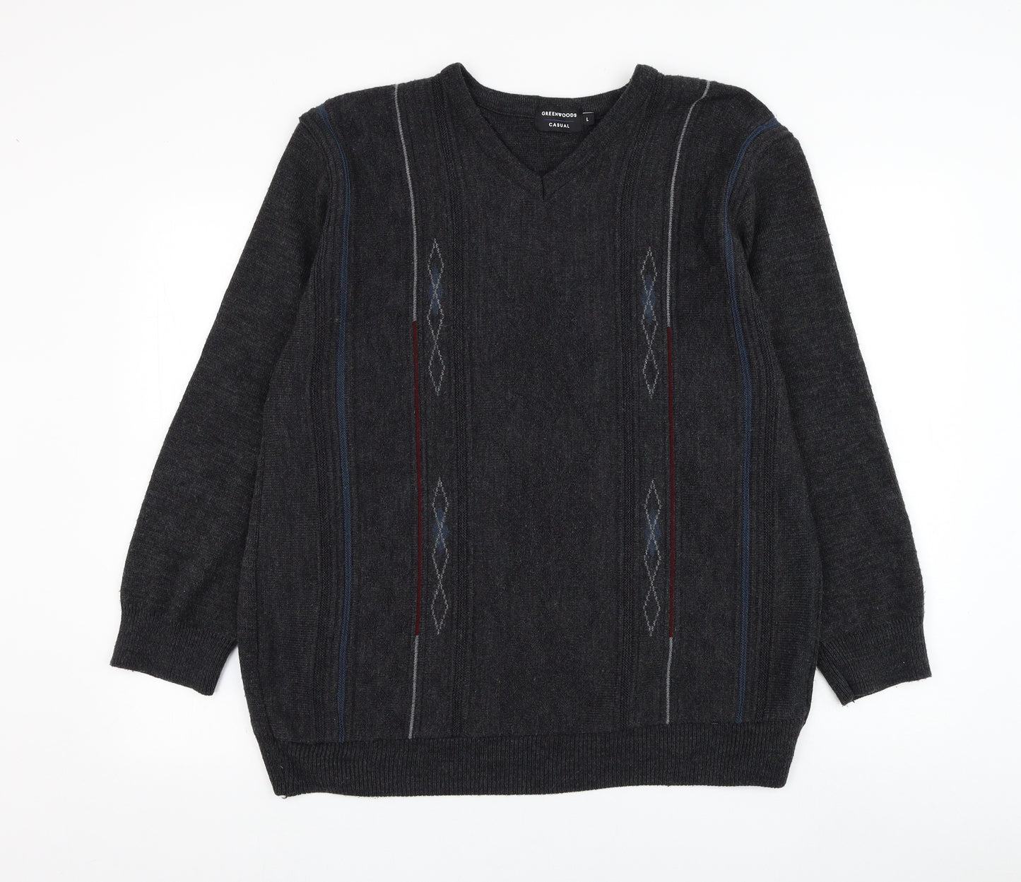 Greenwoods Mens Grey V-Neck  Acrylic Pullover Jumper Size L