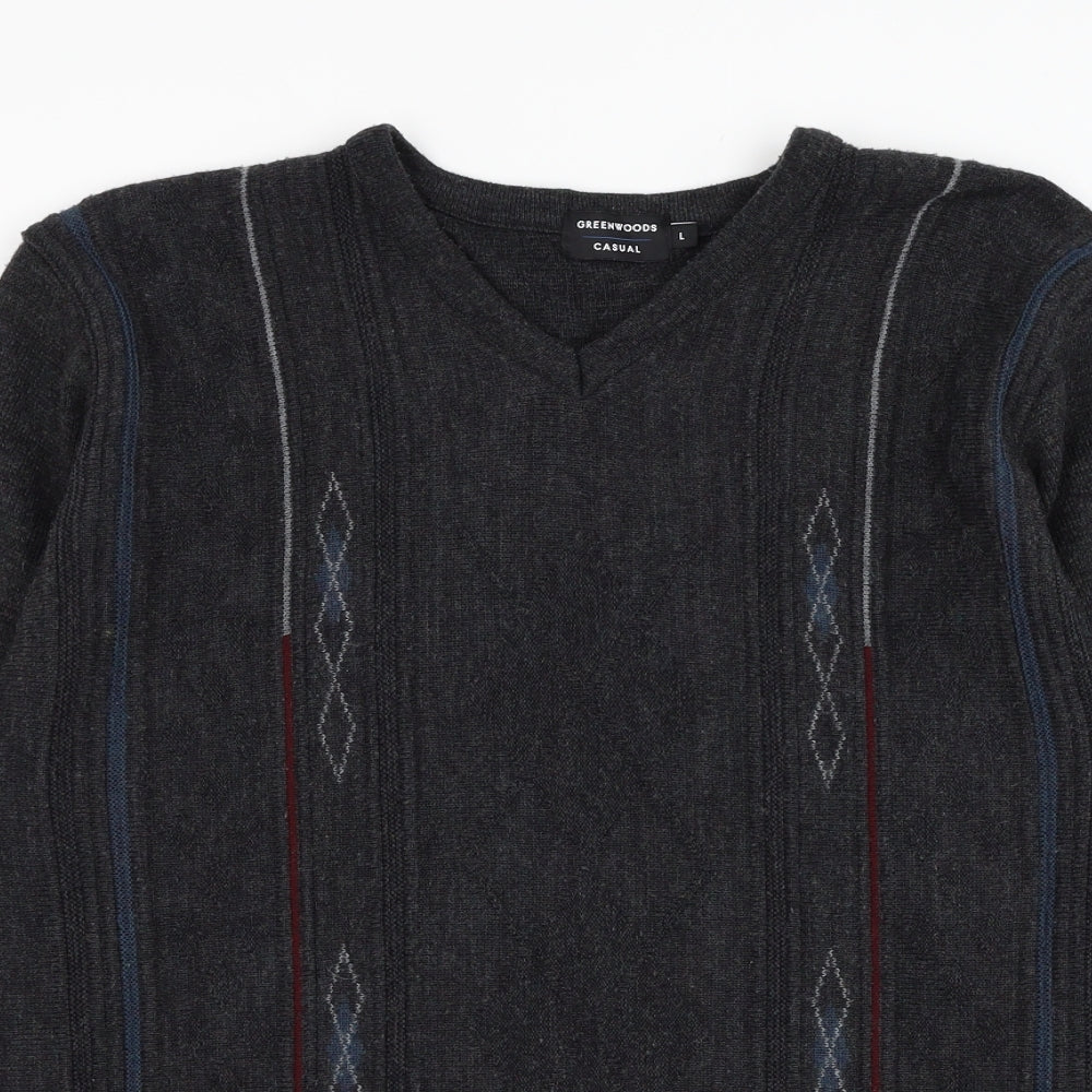 Greenwoods Mens Grey V-Neck  Acrylic Pullover Jumper Size L